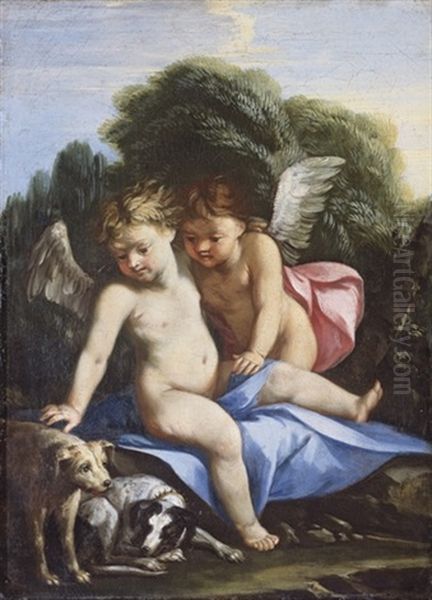 Deux Putti Jouant Avec Des Chiens Oil Painting by Jehan (Senaille or Seneil) Senelle