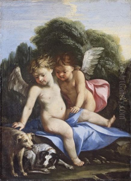 Deux Putti Jouant Avec Des Chiens Oil Painting by Jehan (Senaille or Seneil) Senelle