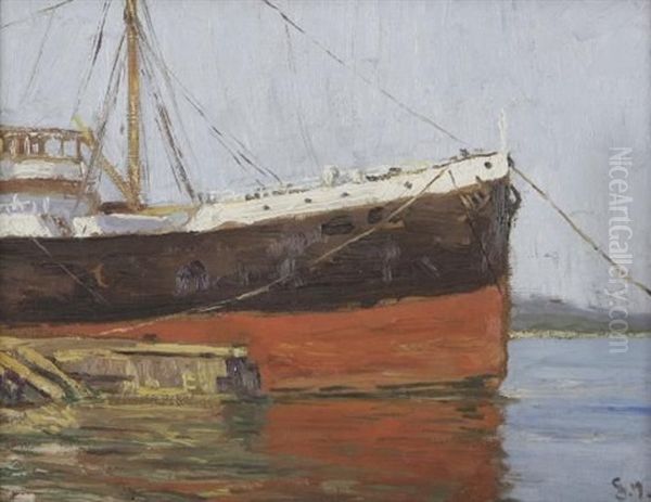 Ship In Durban Harbour Oil Painting by Clement (Joseph Charles Louis) Seneque