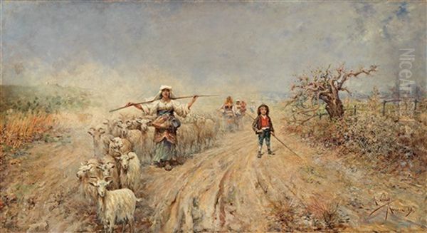 Returning Herd In The Campagna Oil Painting by Rafael Senet y Perez