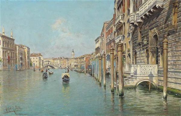 On The Grand Canal, The Rialto Bridge Beyond, Venice Oil Painting by Rafael Senet y Perez