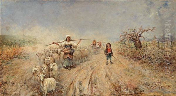 Heimkehr Der Herde In Der Campagna Oil Painting by Rafael Senet y Perez