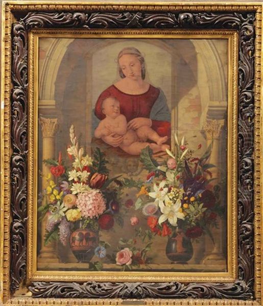 An Altar With Two Bouquets In Ancient Greek Vases Before A Painting Of Madonna And Child Oil Painting by Adolf (Carl) Senff