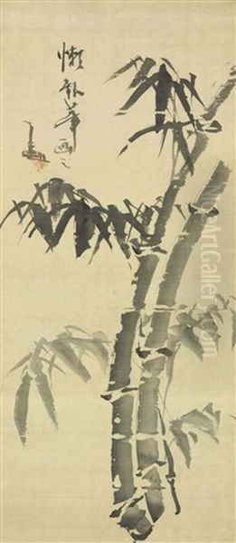 Bamboo; Lotus Pond And Poem (2 Works) Oil Painting by Gibon Sengai