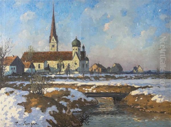 Vorfruhling In Bayerischer Landschaft Mit Dorfkirche by Ludwig Von Senger