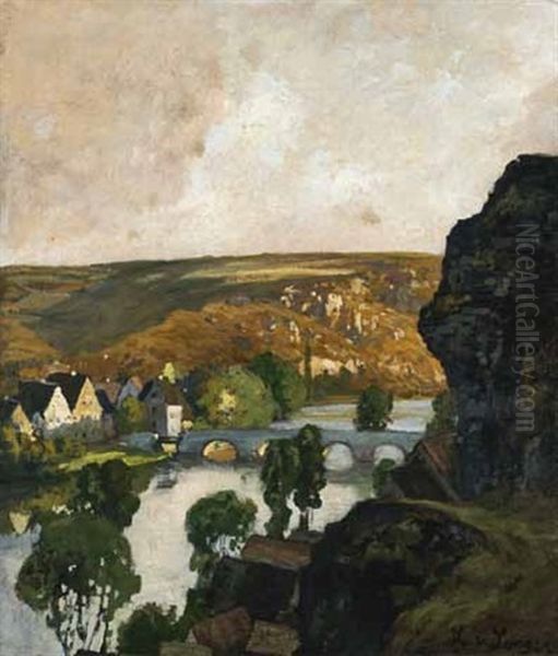 Blick Auf Ein Kleines Dorf An Einem Fluss Mit Einer Steinbrucke Oil Painting by Ludwig Von Senger