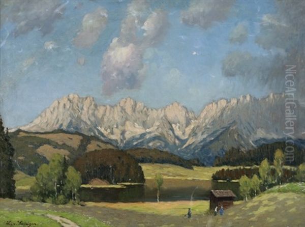 Der Schwarzsee Bei Kitzbuhel Mit Kaisergebirge Oil Painting by Ludwig Von Senger