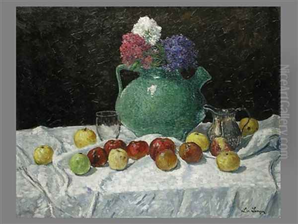 Stillleben Mit Apfeln Und Blumenkrug Oil Painting by Ludwig Von Senger