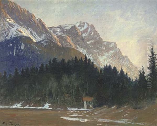 A Hut In A Pine Forest At The Foot Of A Mountain (dbl-sided) Oil Painting by Ludwig Von Senger