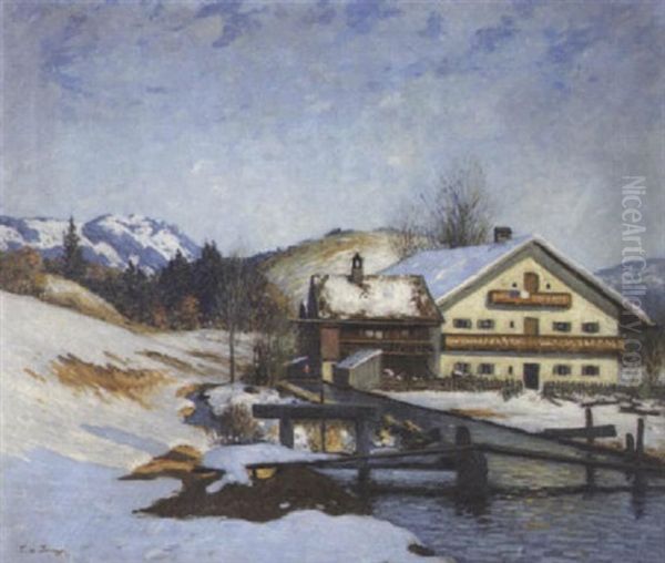 Oberbayerisches Gehoft Bei Schneeschmelze Oil Painting by Ludwig Von Senger