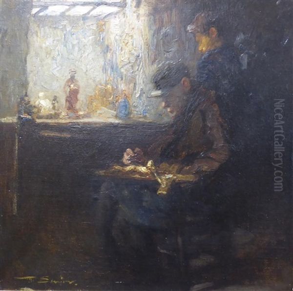 Figures Model Making And Sculpting Items In An Interior, Possibly Bruges Oil Painting by Mark Senior