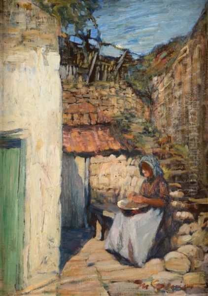 An Elderly Lady Seated Outside Cottages Preparing A Bowl Of Food Oil Painting by Mark Senior