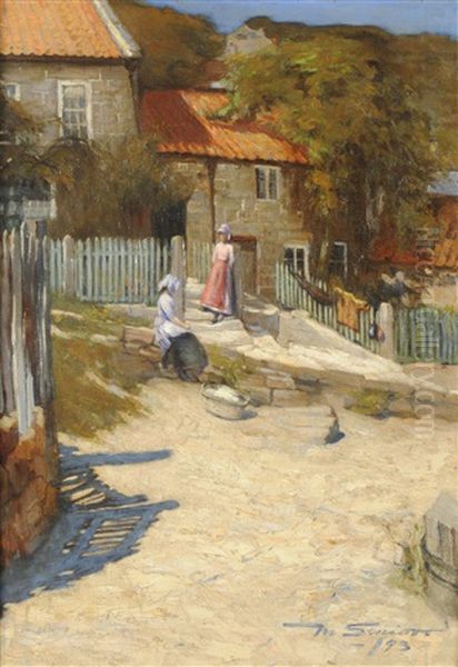 Figures Before The Artist's Cottage, Runswick Bay Oil Painting by Mark Senior