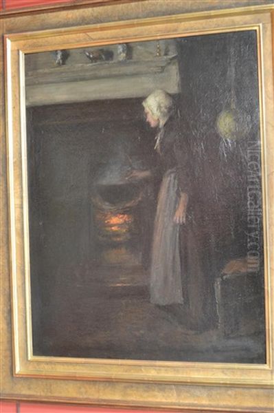 Cottage Interior With A Lady Beside A Fireplace (peggy Valvert?) Oil Painting by Mark Senior