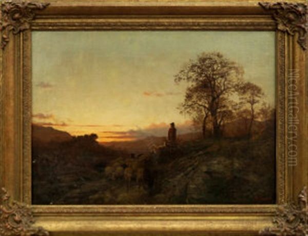 Shepherd With His Flock At Sunset On A Mountain Track Oil Painting by Pietro Senno