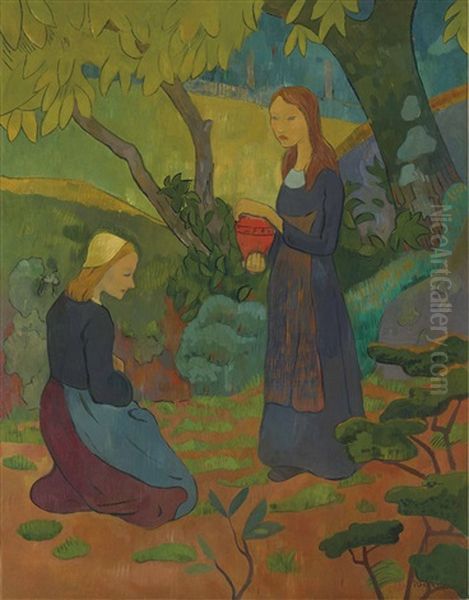 Jeune Fille Au Pot Vermillon Et Fillette Agenouillee Oil Painting by Paul Serusier