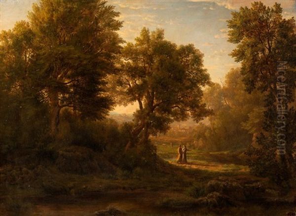 Paysage Aux Deux Promeneurs A L'antique Devant Une Ville Oil Painting by Florentin Servan