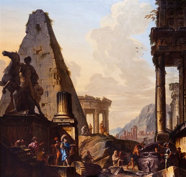 Capricho De Ruinas Clasicas Con Alejandro Magno Abriendo La Tumba De Aquiles Oil Painting by Jean Nicolas Servandoni