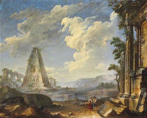 Un Paysage Avec Un Couple Dans Des Ruines Oil Painting by Jean Nicolas Servandoni