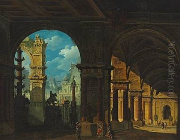 A Caprice Of Classical Buildings, In The Foreground Roman Soldiers In A Colonnade Oil Painting by Jean Nicolas Servandoni