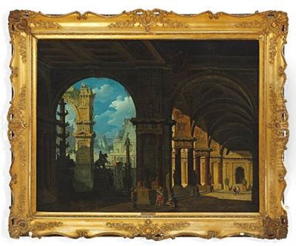 A Capriccio Of Classical Buildings, In The Foreground Roman Soldiers In A Colonnade Oil Painting by Jean Nicolas Servandoni