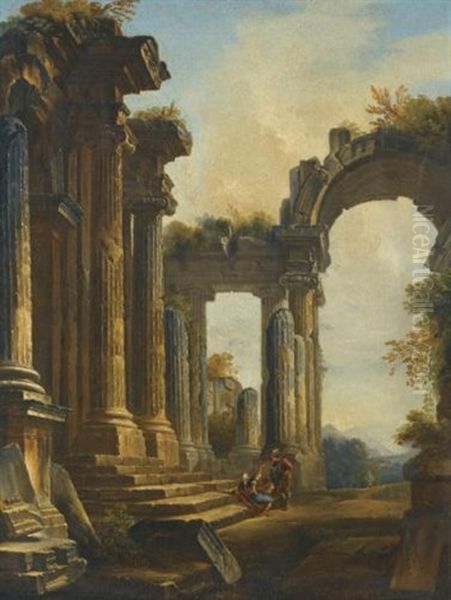 A Capriccio Of Classical Ruins With Three Men Conversing At The Steps Of A Temple Oil Painting by Jean Nicolas Servandoni