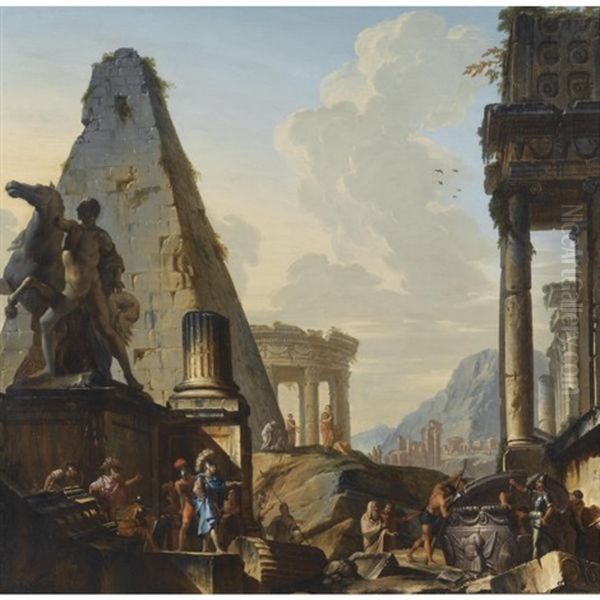 Capriccio Of Classical Ruins With Alexander The Great Opening The Tomb Of Achilles Oil Painting by Jean Nicolas Servandoni