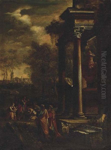 Figures Gathered Around A Font Among Classical Ruins Oil Painting by Jean Nicolas Servandoni