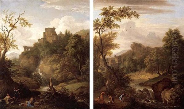 Classical Landscapes With Figures Resting Beside Cascades, Classical Buildings Beyond Oil Painting by Jean Nicolas Servandoni