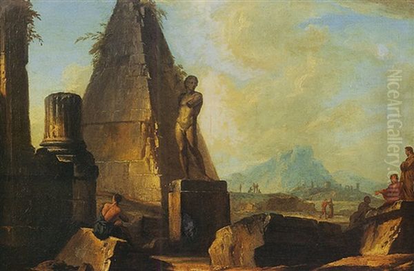 Ruines D'un Temple Antique Avec Une Statue Pres De La Pyramide De Caius Cestius Oil Painting by Jean Nicolas Servandoni