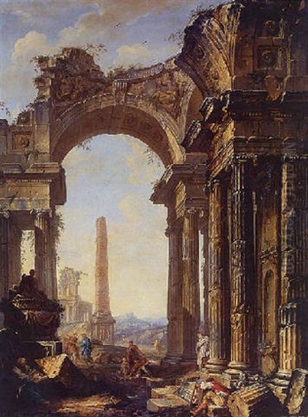 A Capriccio Of A Ruined Ionic Temple And An Obelisk With Figures Oil Painting by Jean Nicolas Servandoni