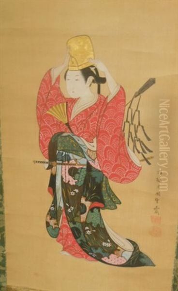 Woman With Sword And Fan Oil Painting by Tsukioka Sessai