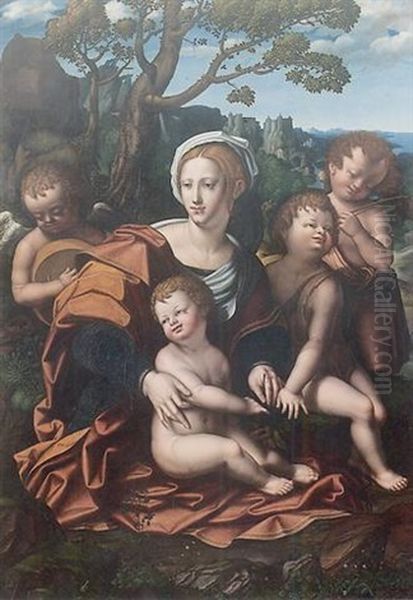 Madonna Col Bimbo E Angeli In Paesaggio Oil Painting by Cesare da Sesto