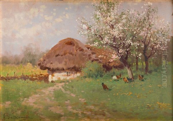 Spring Landscape With Cottage Oil Painting by Adam Setkowicz