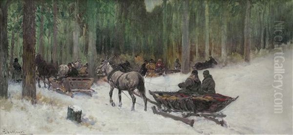 Sleigh In The Forest Oil Painting by Adam Setkowicz