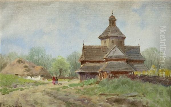 Wooden Church Oil Painting by Adam Setkowicz