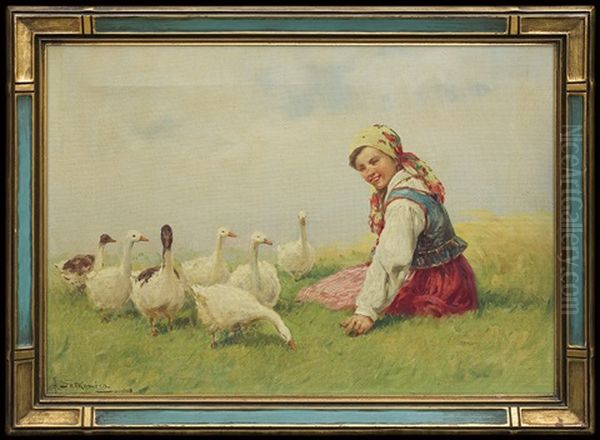 Young Girl With Geese Oil Painting by Adam Setkowicz