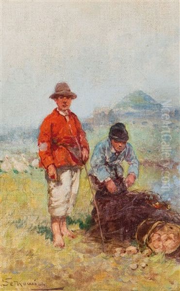 Pastuszkowie Przy Ognisku Oil Painting by Adam Setkowicz