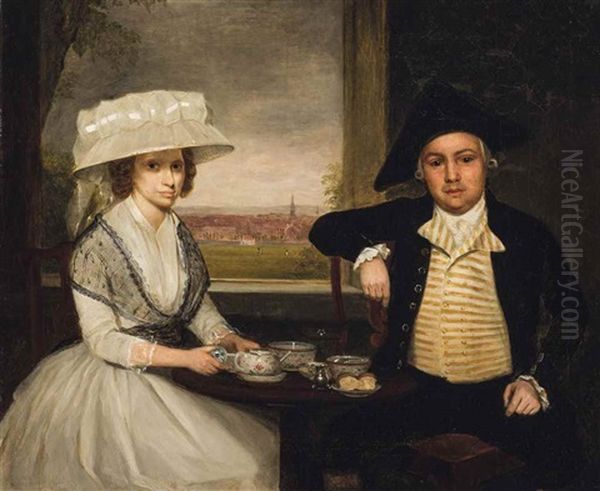 Portrait Of A Gentleman And A Lady, Three-quarter-length, Both Seated At A Table Taking Tea In An Interior, A Town Beyond Oil Painting by John Thomas (Seaton) Seton