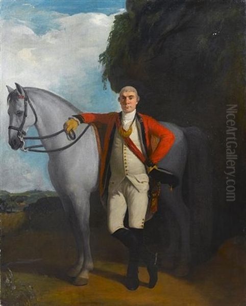 A Portrait Of An Infantry Officer Of The Honourable East India Company Standing, Full-length, By His Horse, A Landscape Beyond Oil Painting by John Thomas (Seaton) Seton