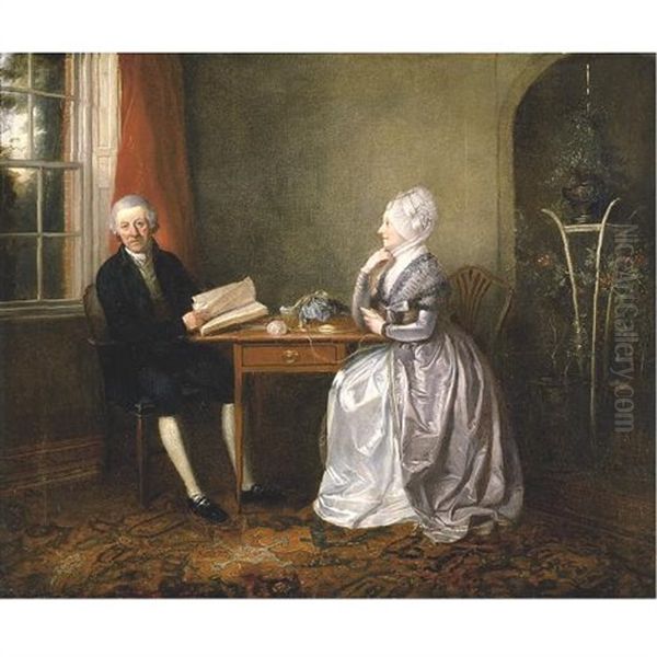 Thomas Grant And His Wife Mary, Seated In An Interior Oil Painting by John Thomas (Seaton) Seton