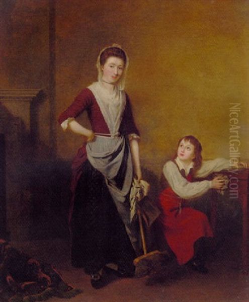 Two Servants In An Interior Oil Painting by John Thomas (Seaton) Seton