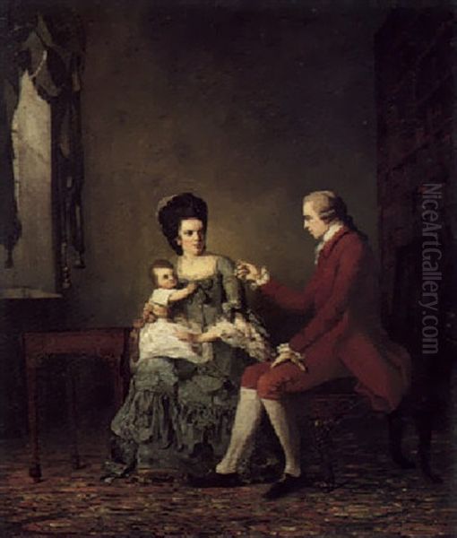 Portrait Of Thomas Davis With His Wife Elizabeth And Their Son William Seated By A Table Oil Painting by John Thomas (Seaton) Seton