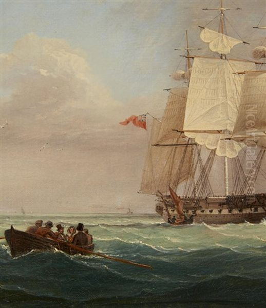 A Rowing Boat Leaving A Frigate Oil Painting by William Frederick Settle