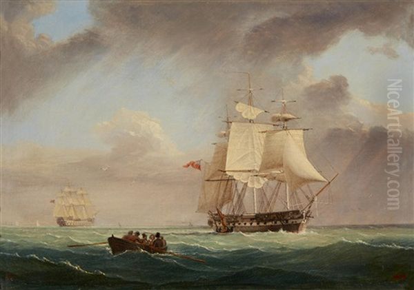 A Rowing Boat Leaving A Frigate Oil Painting by William Frederick Settle