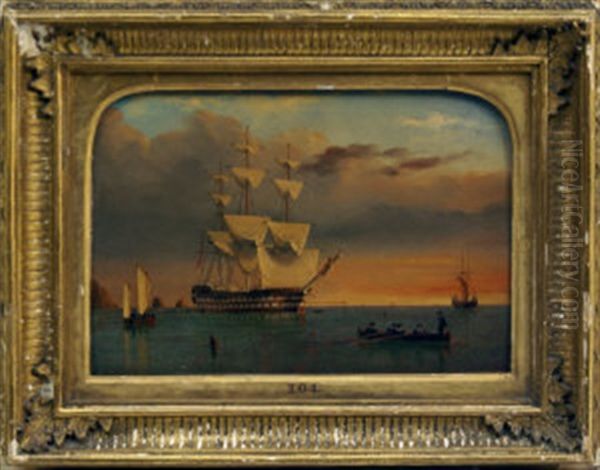 A British Ship Of The Line Off A Shore At Sunset Oil Painting by William Frederick Settle