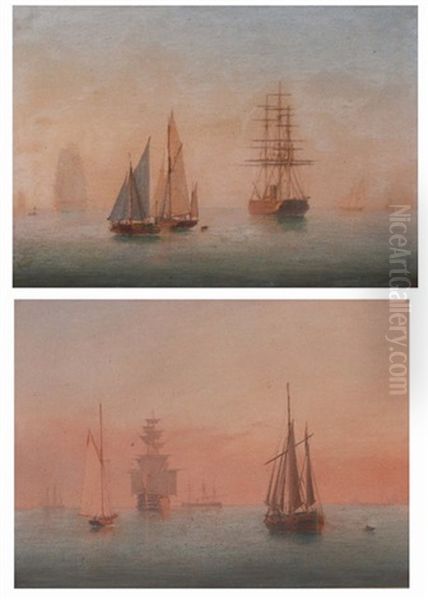 Three Masted Vessels And Other Shipping In A Calm At Sunset (pair) Oil Painting by William Frederick Settle