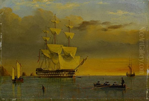 A British 74 Anchored Offshore And Drying Her Sails At Sunset Oil Painting by William Frederick Settle