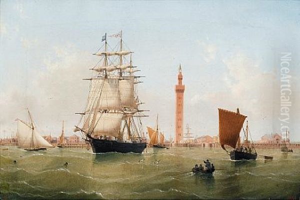 A Three-masted Merchantman Leaving Grimsby On The High Tide With The Dock Tower Off Her Stern by William Frederick Settle