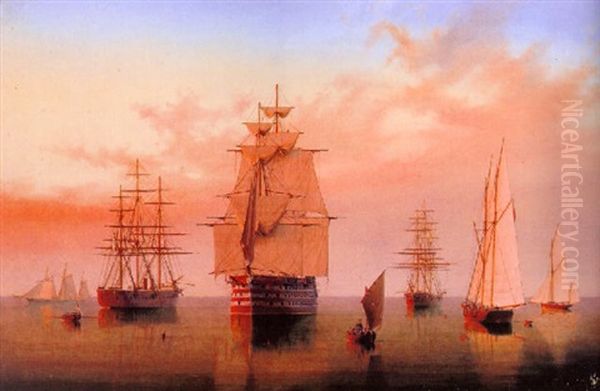 A Naval Squadron At Sunset Oil Painting by William Frederick Settle